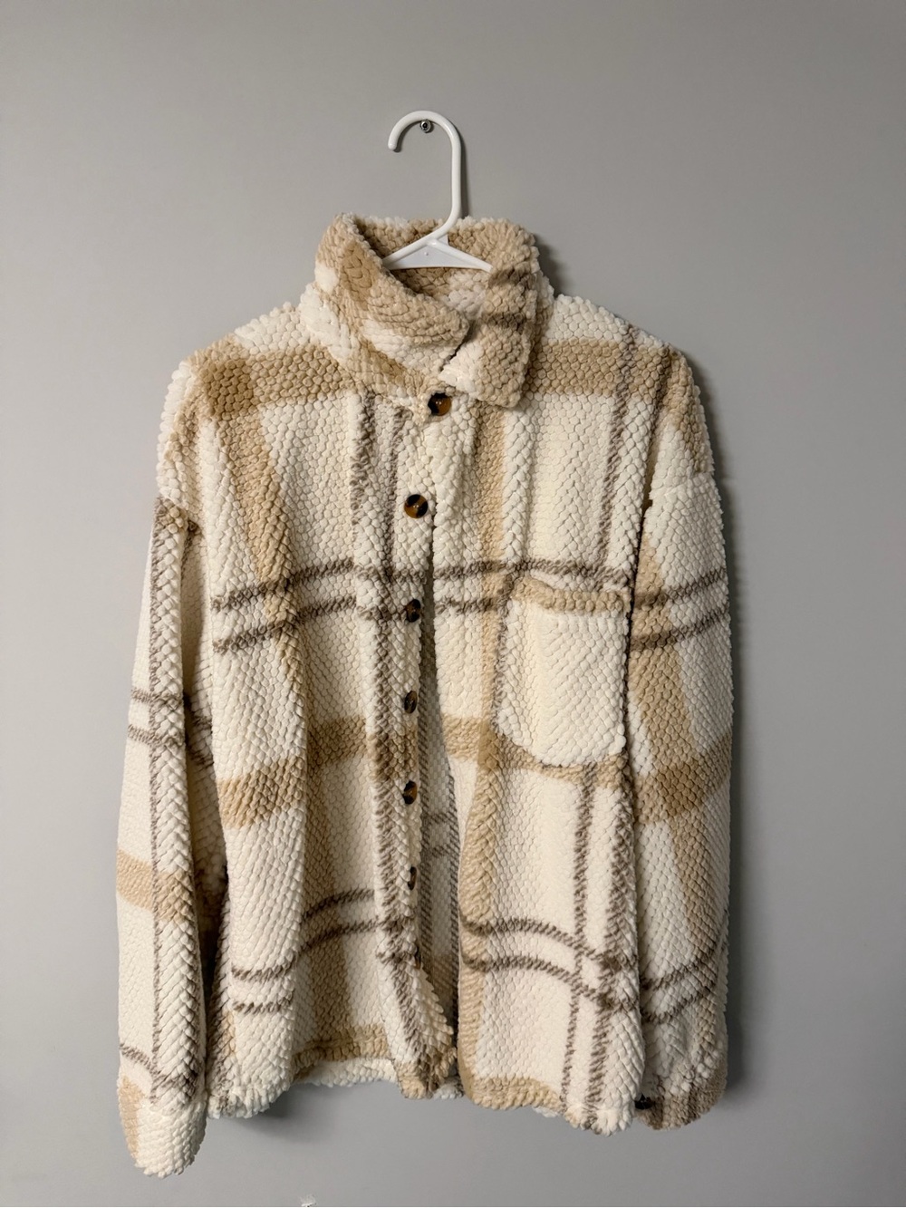 Cozy Cream & Tan Plaid Sherpa Jacket